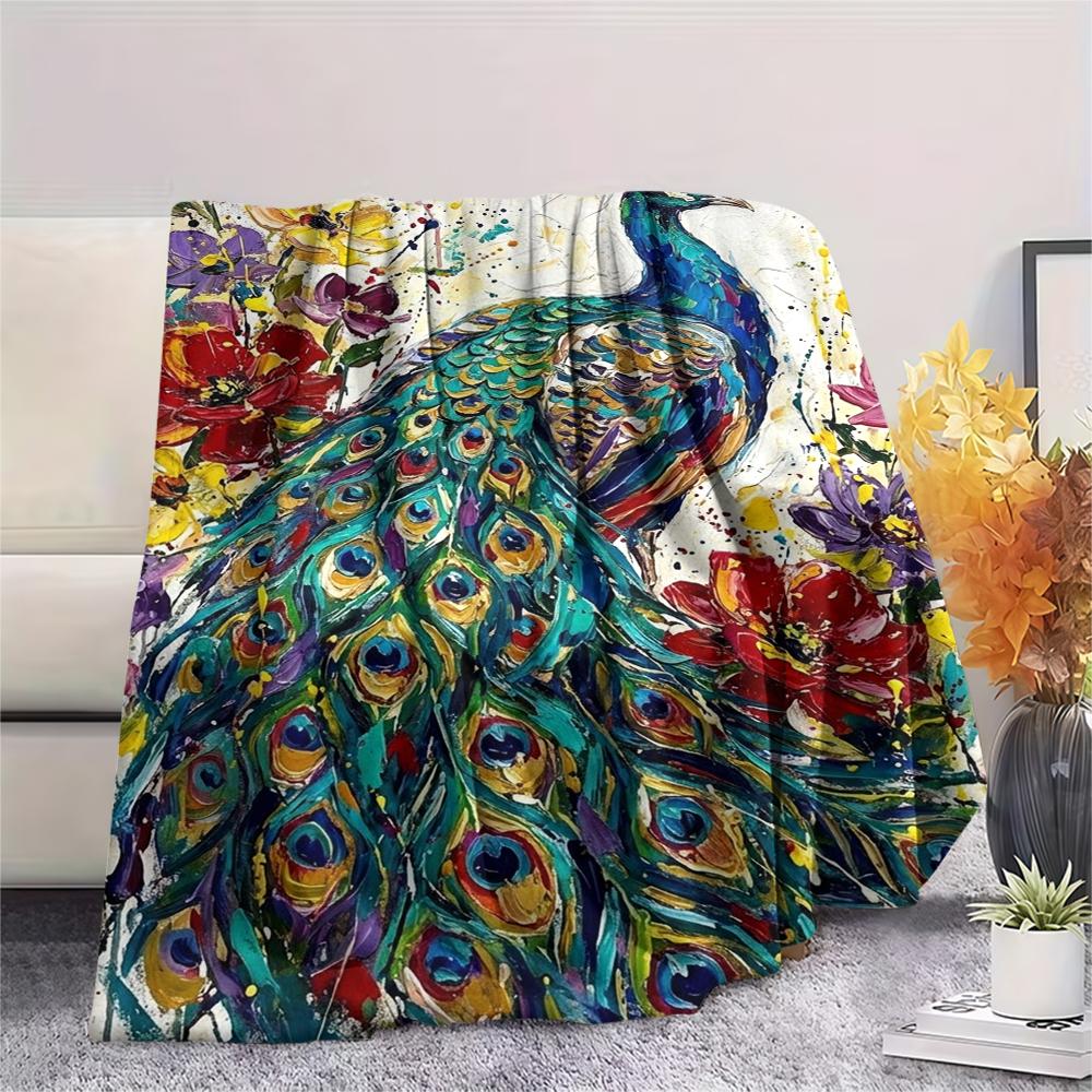 1Pc Peacock Print Flannel Blanket, High quality Comfortable for All Seasons, Home Decor, Warmth and Comfort, Perfect for Christmas Gifts W121