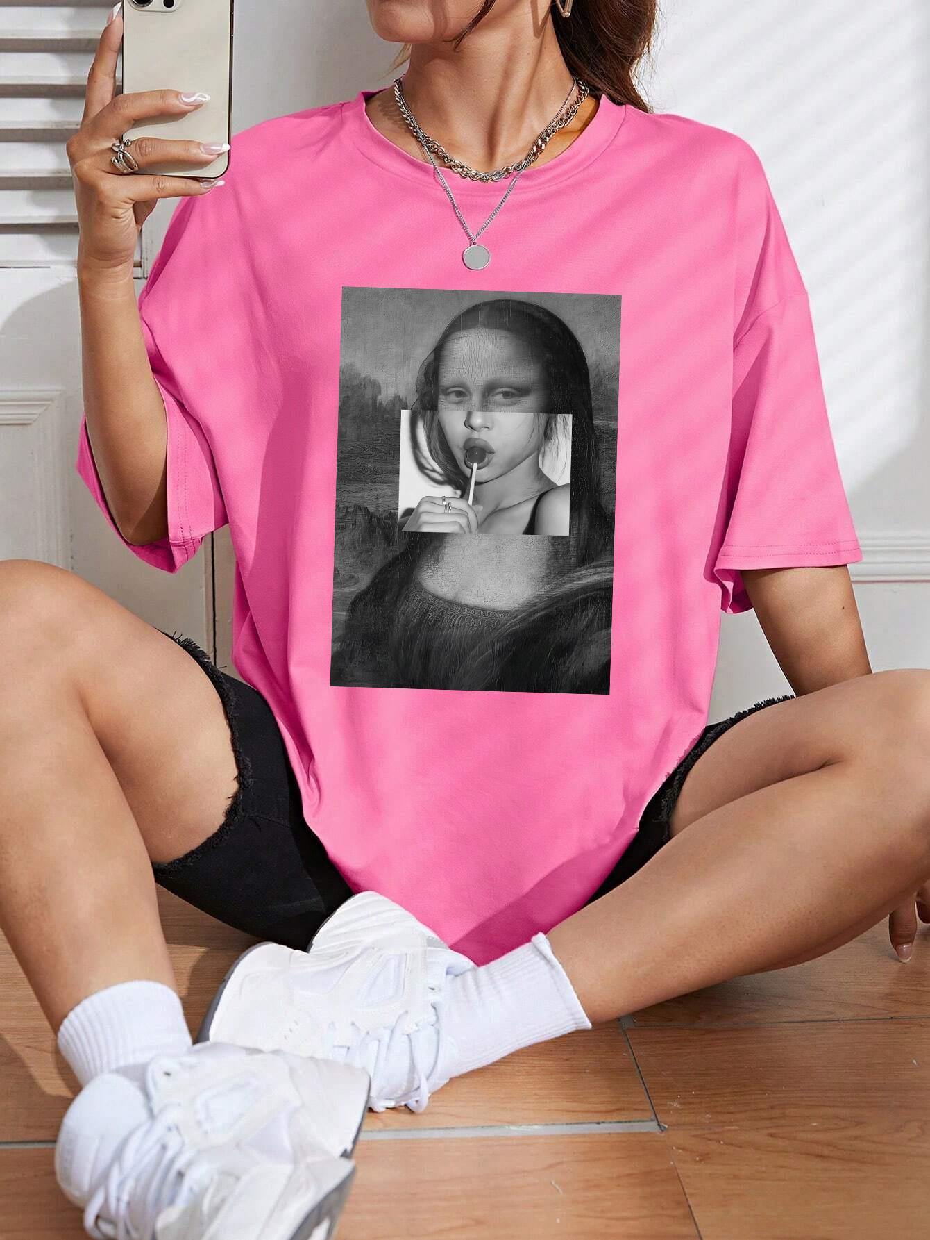 

Mona Lisa Drinking Beverages Женская футболка Летняя дышащая повседневная футболка Свободные мягкие топы Хип-хоп модная одежда больших размеров L