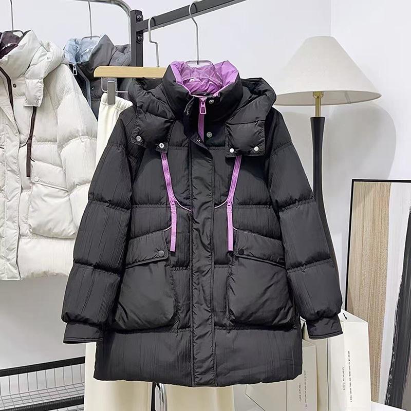 Trendy Brand Contrasting Color White Duck Down Medium and Long Down Jacket Women's Winter Fashion Hooded Thickened Foreign Jacket Burst