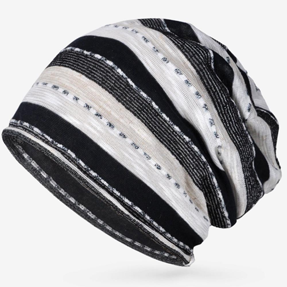 Women Spring Summer Autumn Thin Striped Beanies Slouchy Style Skullies Lady Knitted Bonnet Cap Men Sports Hiphop Pile Hat