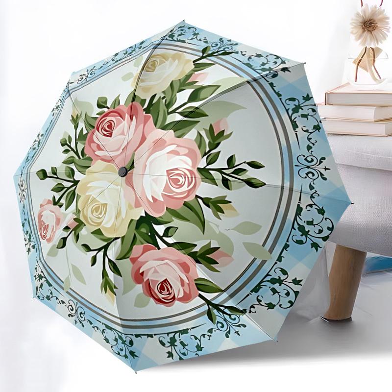 1pc Roses Floral Pattern Automatic Folding Umbrella - 8-Rib Durable Iron Frame, Compact Portable for Daily Travel yy251205075