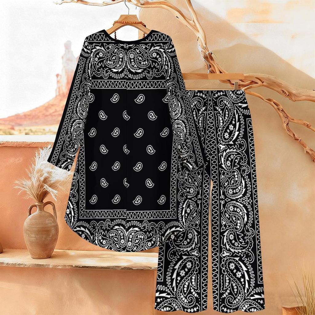 Music Note Print Two Piece Outfit Women Long Sleeve Irregular Hem Tunic Top Wide Leg Pants Casual Matching Set
