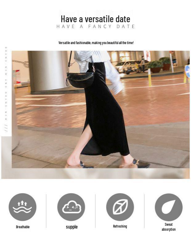 Retro Herbst/Winter Schwarzer Samt High Waist Midi Rock mit Schlitz - Schlanke Bodycon Passform