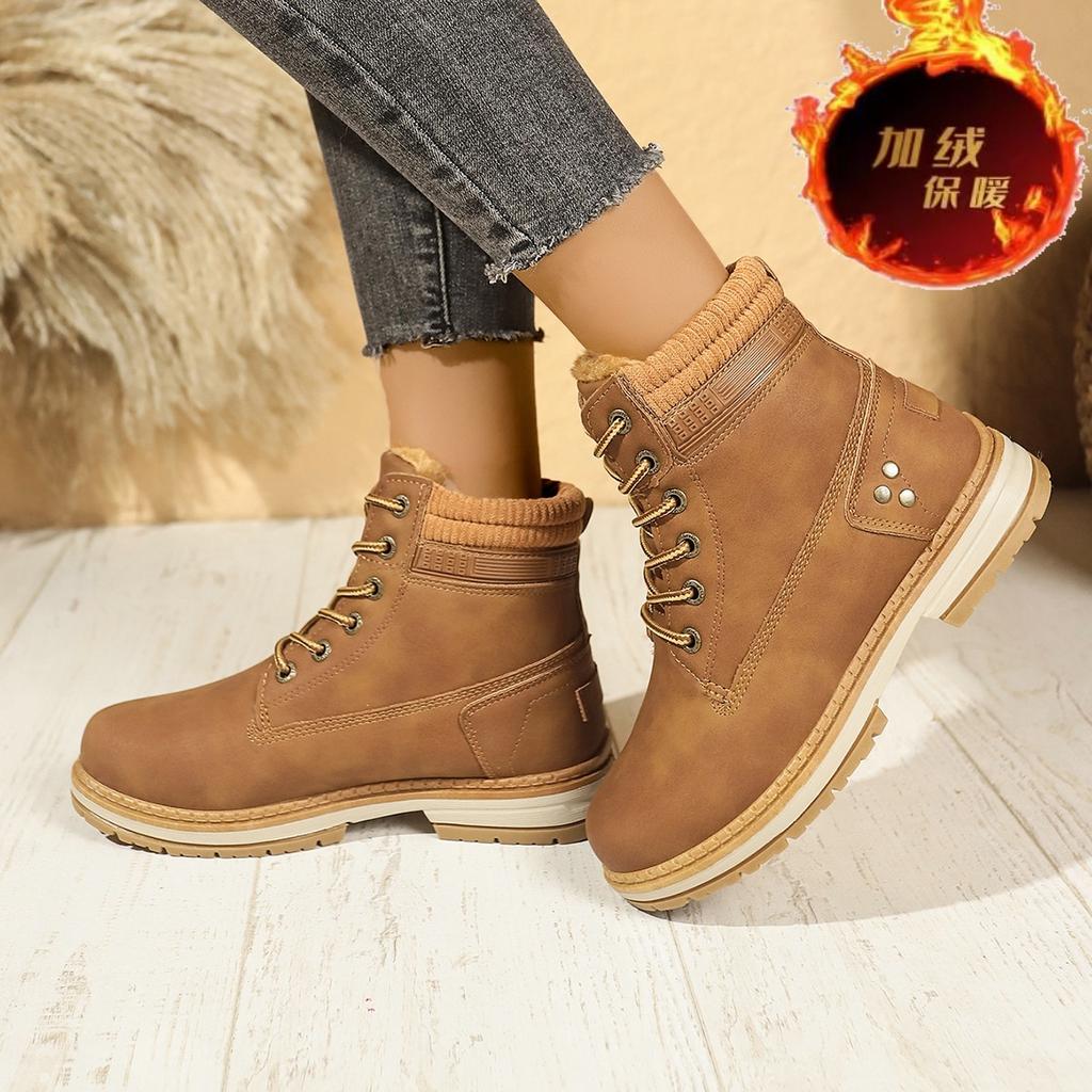 New Velvet Women's Martin Boots British Casual Large Size Flat-bottomed Warm Short Boots Non-slip Women's Shoes