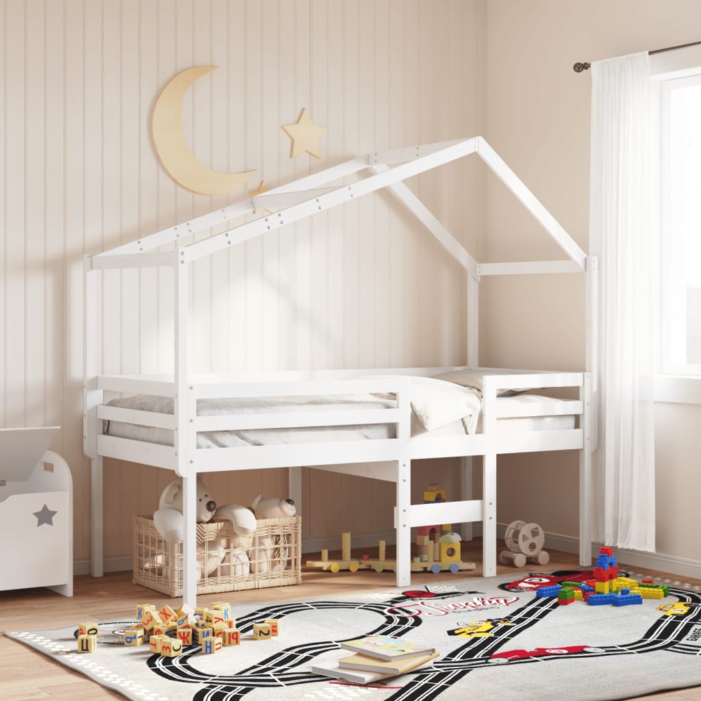 High Bed with Roof White 90x200 cm Solid Pine Wood