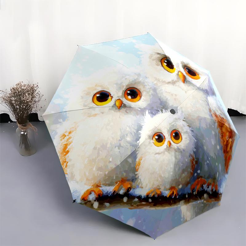 Motivo Gufo e Neve, ombrello pieghevole automatico, design portatile e pieghevole, 8 stecche, un regalo di Natale o di compleanno.