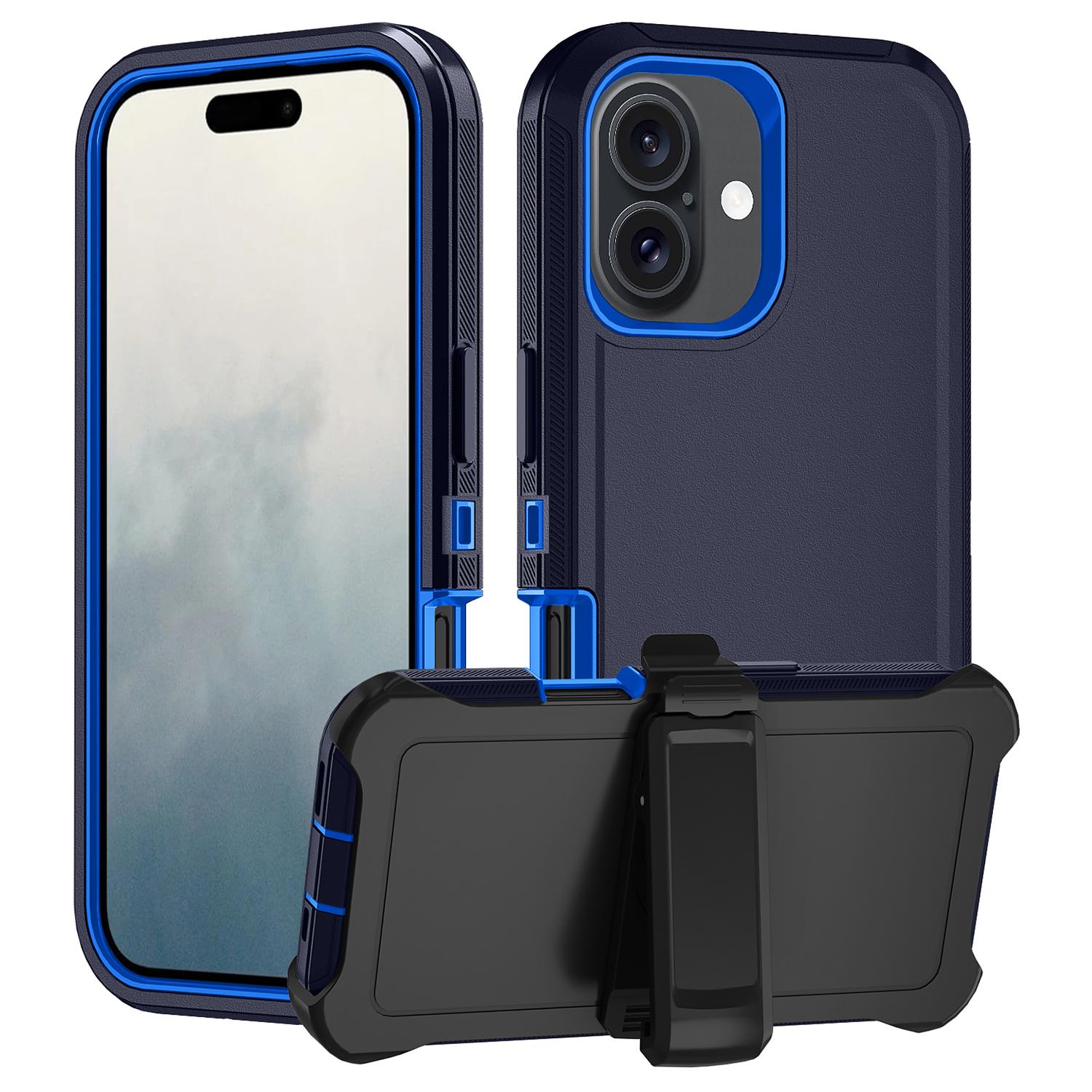 

For iPhone 16 Detachable Cover PC+TPU Cell Phone Case with Back Clip Kickstand Dark Blue