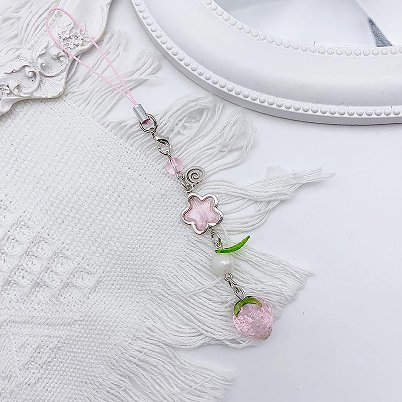 Korean Cute Strawberry Mobile Phone Chain Y2K Sweet Fruits Beaded Phone Lanyard Keychain For Girls Phone Pendant Charms