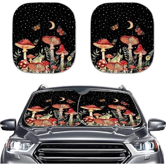 Mushroom Car Windshield Sunshade Daisy Flower Dragonfly Butterfly Mushroom Auto Front Sun Shades Foldable Sunlight Protection Visor Universal Vehicle