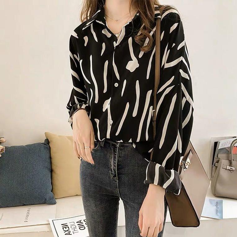 

WTEMPO Женские рубашки с длинным рукавом в полоску в стиле ретро с принтом, весна-осень, отложной воротник, свободные повседневные универсальные полосатые блузки с пуговицами XXL чёрный