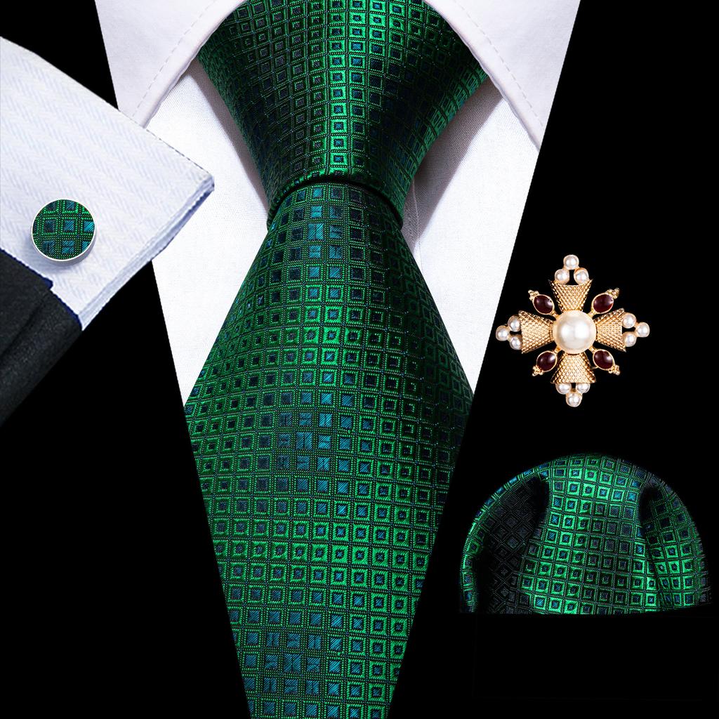 Pearl Brooch with Silk Tie for Men Vintage Floral Teal Necktie Hanky Cufflinks Gift Formal Set