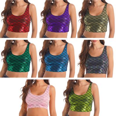 Womens Metallic Shiny Fish Scale Print Cropped Tank Top Clubwear Sports Yoga Sleeveless Scoop Neck Vest Tops