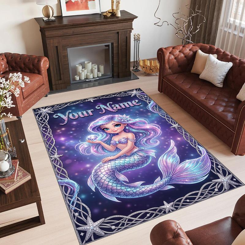 Mermaid Theme Crystal Velvet Floor Rug Personalized Custom Name Text Warm Carpet Home Decoration