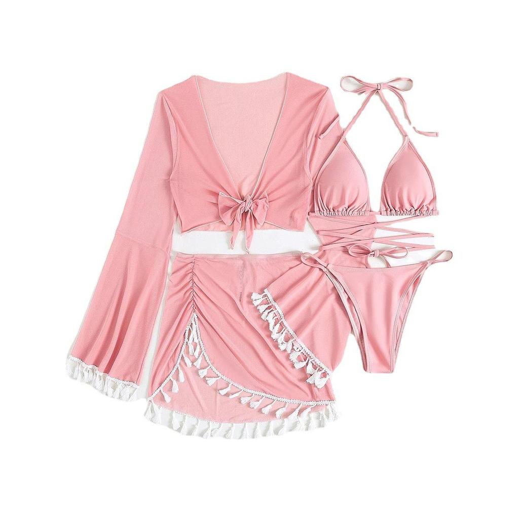 Swimsuit Women's Split Three Four Piece Set Solid Color Tassel Lace Up Long Sleeve Bikini Suits EMA