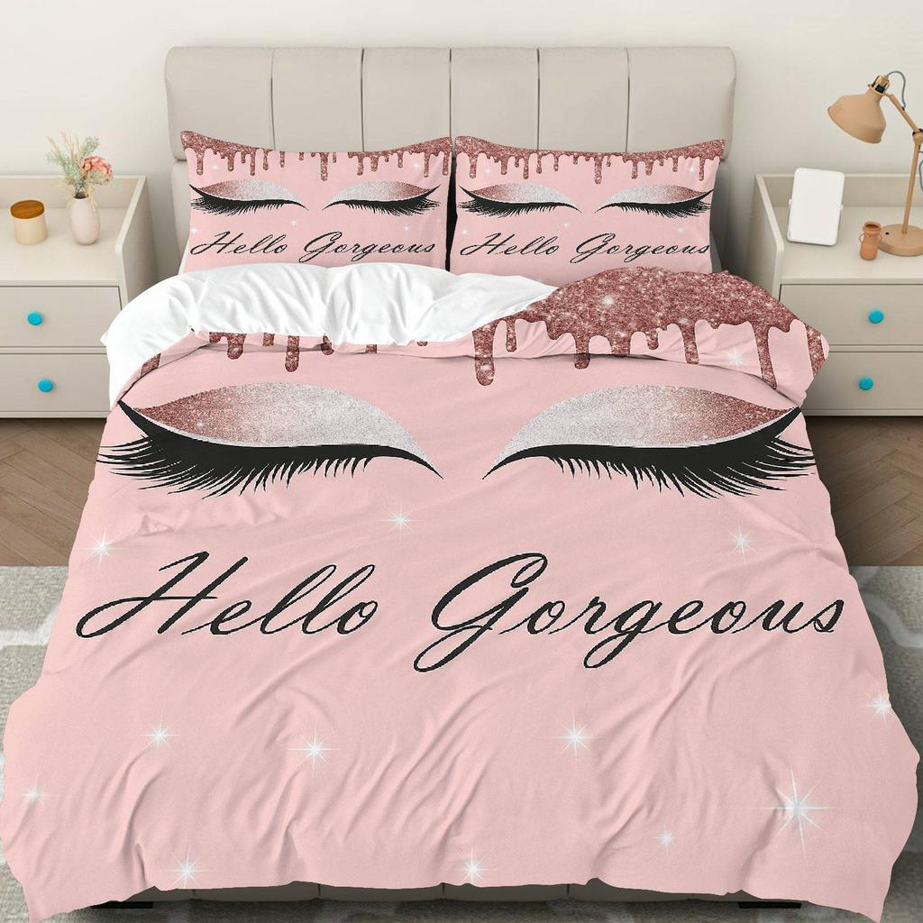 3pcs Bedding Including 1 Duvet And 2 Pillowcases (Filler Not Included), Featuring a Glamorous Eyelash Sparkle Makeup Theme, Perfect for Vale