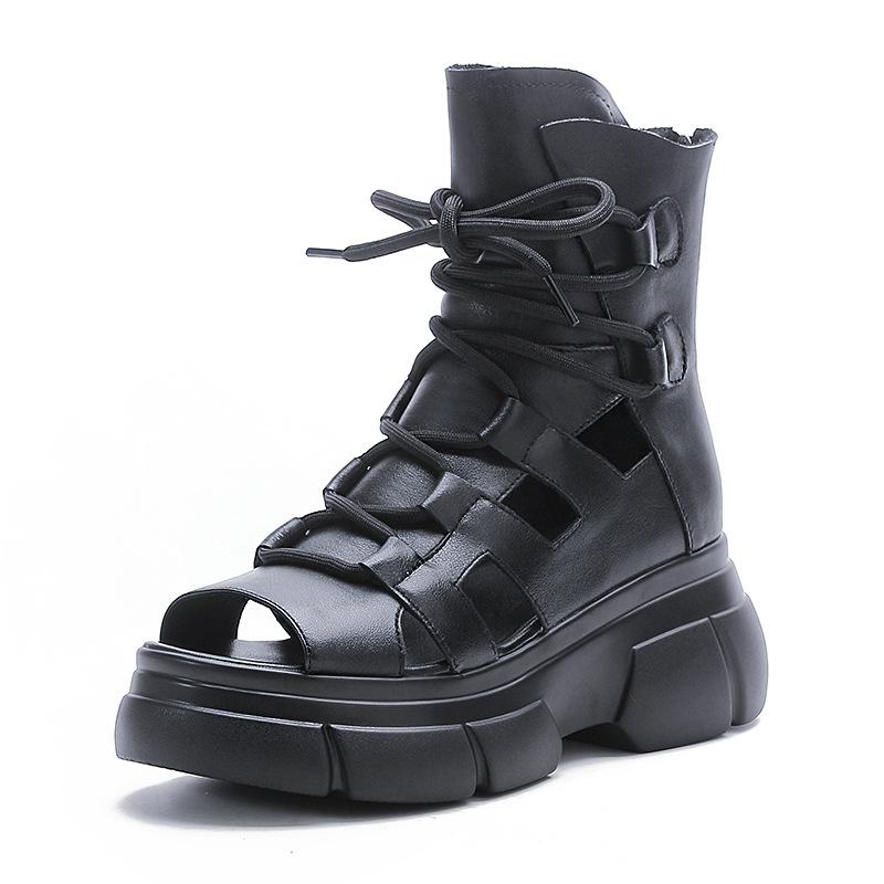 Fashion 6.5CM Retro Genuine Leather Open Toe Sandals Women Summer Platform Increasing Hollow Back Zipper High Top Casual Sandals Black
