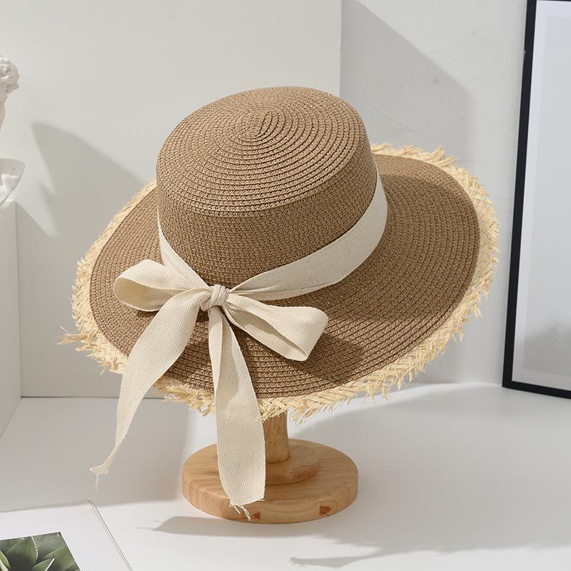 Korean Style Women's Wide Brim Straw Hat - Summer Seaside Bow Sun Protection
