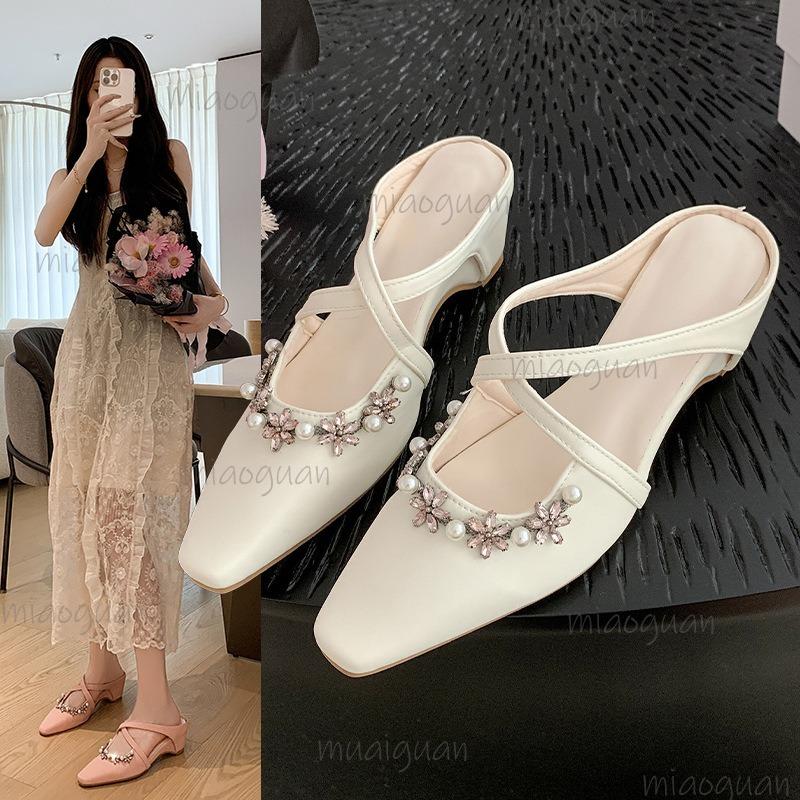 Square Toe Women's Mules Slip On Cross Straps Crystal Decor Slides Heeled Sandals Woman Slingback Luxury Pumps Beige