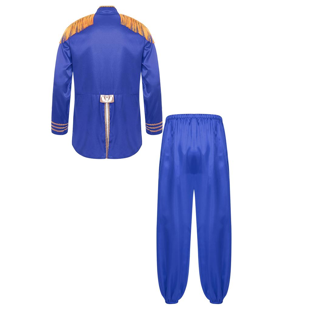 Heren Halloween Hippie Middeleeuws Lange Bovenkleding Kwast Schouderstukken Gouden Biesjes Rits Voorzijde Satijnen Jas en Broek Set