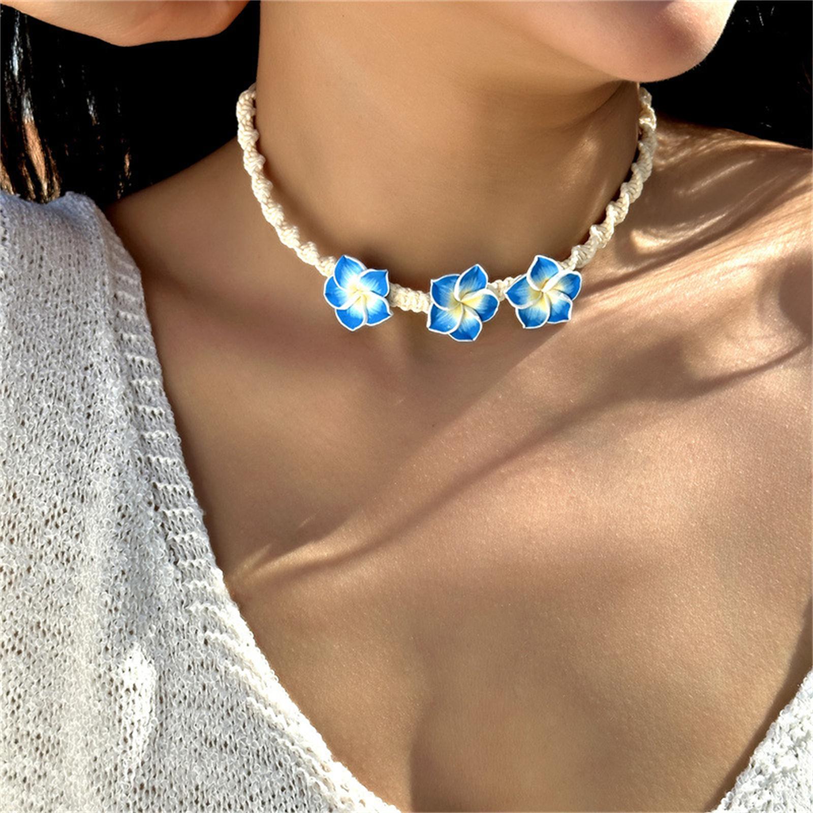 

Plumeria Rubra Necklace Bracelet Set Adjustable Flower Choker Necklace Colorful Luau Beach Plumeria Statement one size синий