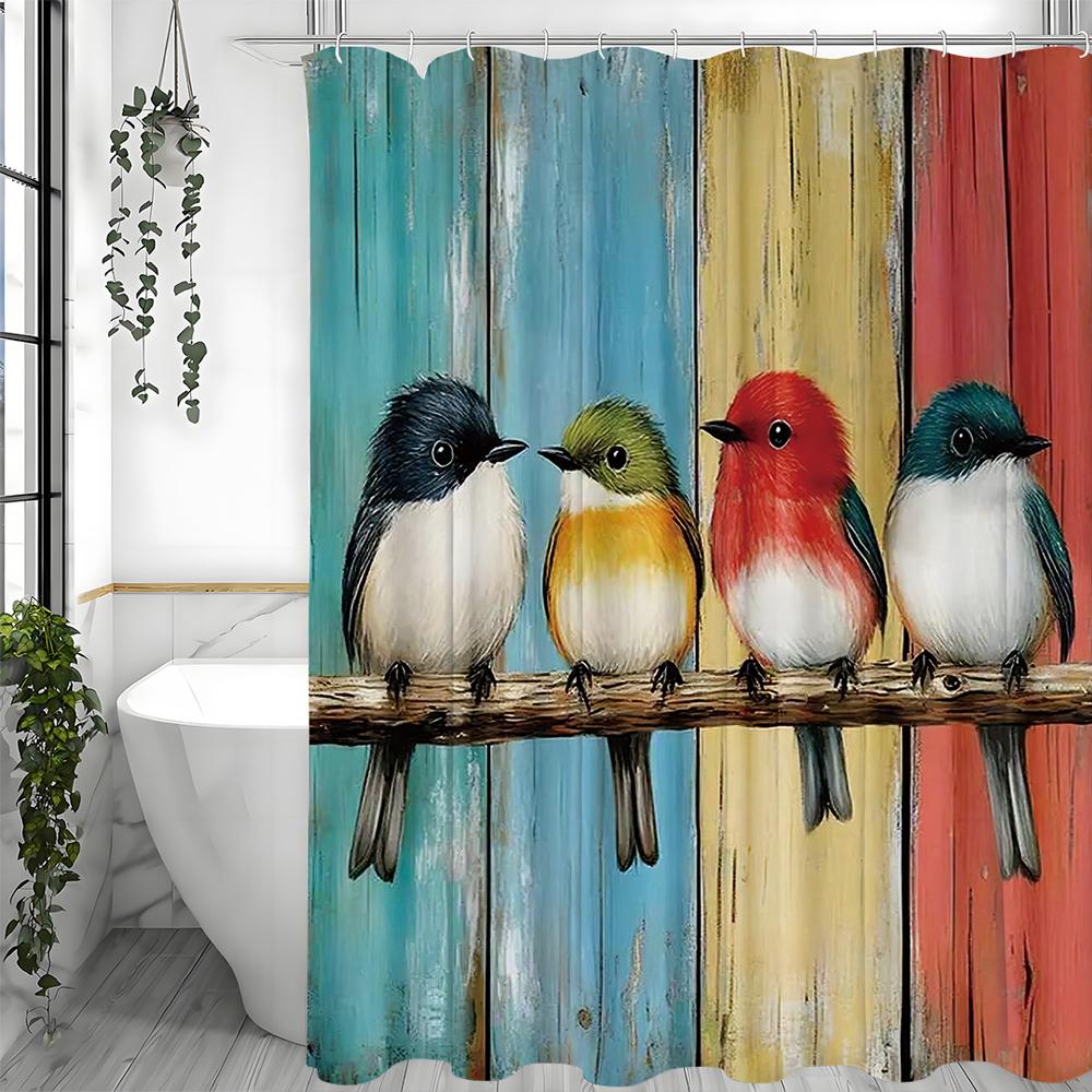 Colorful Bird Wooden Panel Shower Curtain, Bathroom Decorative Shower Curtain, Waterproof Shower Curtain with Hooks