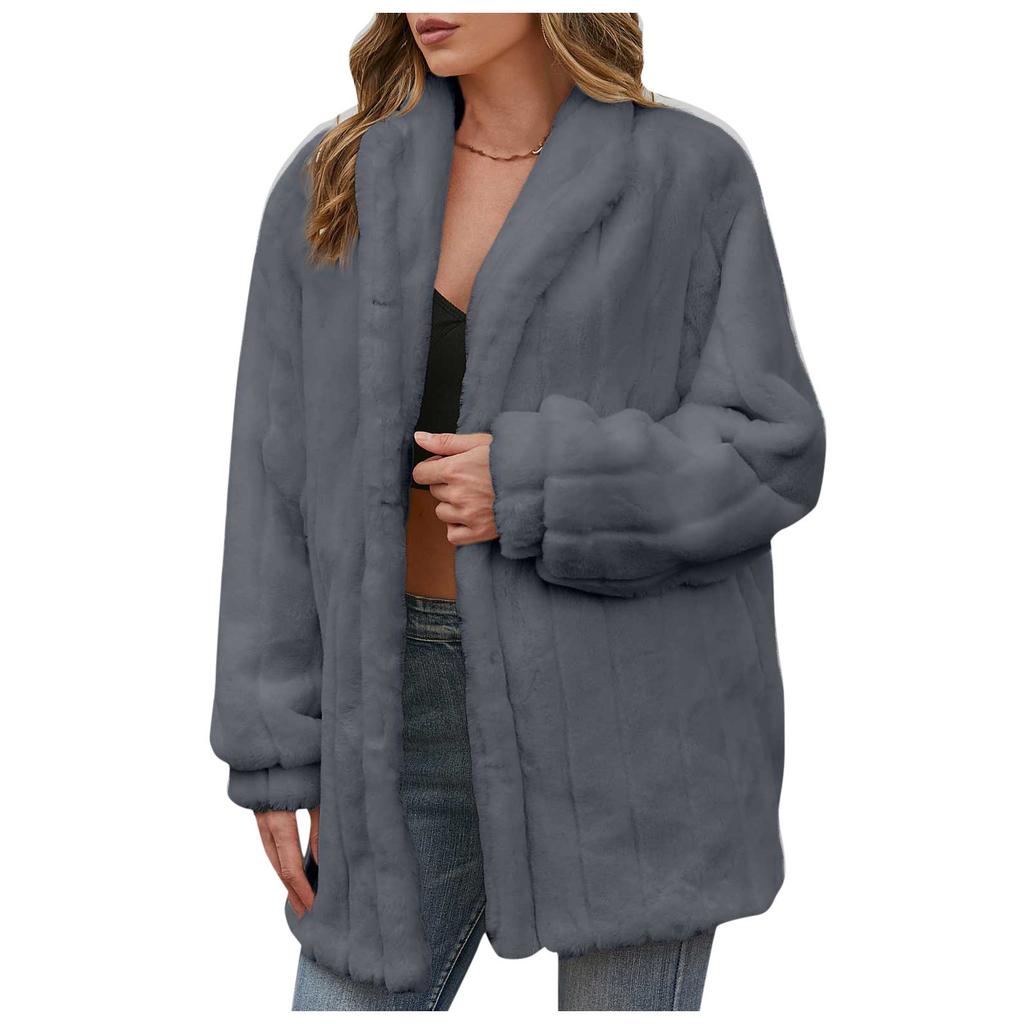 Damen-Herbst/Winter-Mode, einfarbig, lockerer Fleece-Mantel in mittlerer Länge, warmer Fleece-Mantel