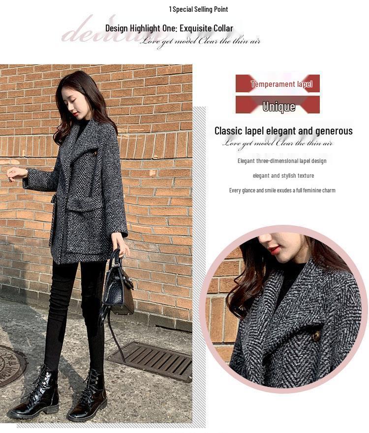 2025 Autumn/Winter Plaid Petite Woolen Coat - Mid-Length, Loose Fit for Women