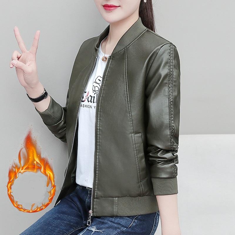 Leather Jacket, Women's Short Autumn and Winter Casual Plus Velvet Warm Jacket