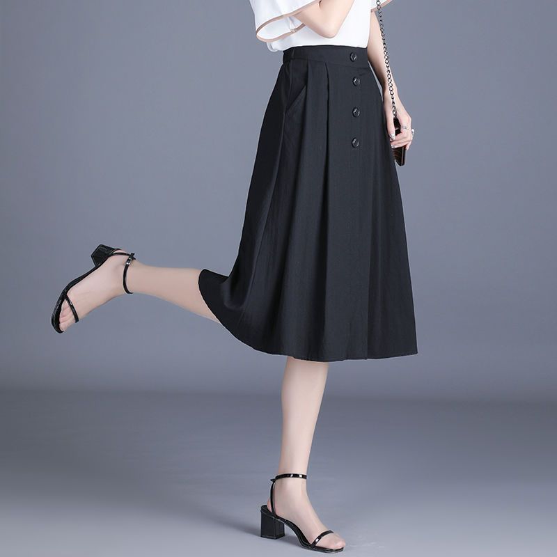 Nylon Cotton Bamboo Linen Skirt Women's Stylish Button Umbrella Skirt Young Casual Mid-length A-line Skirt Elastic Waist Skirt