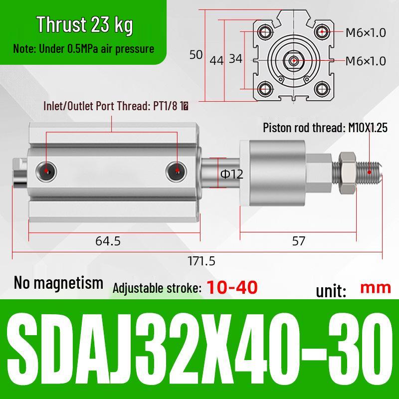 Adjustable Stroke Pneumatic Thin Cylinder - Piston Rod Sizes: 16/20/25/32/40/63