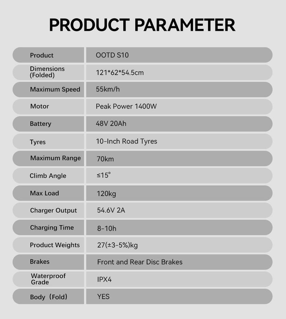 Elektroroller OOTD S10 1400W Motor Höchstgeschwindigkeit 55km/h City E-Scooter 48V 20AH 70 Reichweite Maximale Last 120kg Neu