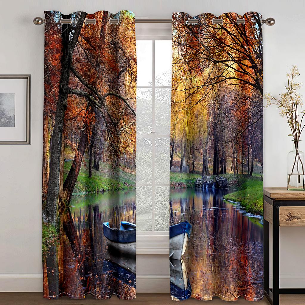 Spring Forest River Landscape Shade Curtain Living Space Bedroom Area Home Decor Thin Curtain 2 Panels Punch Hooks