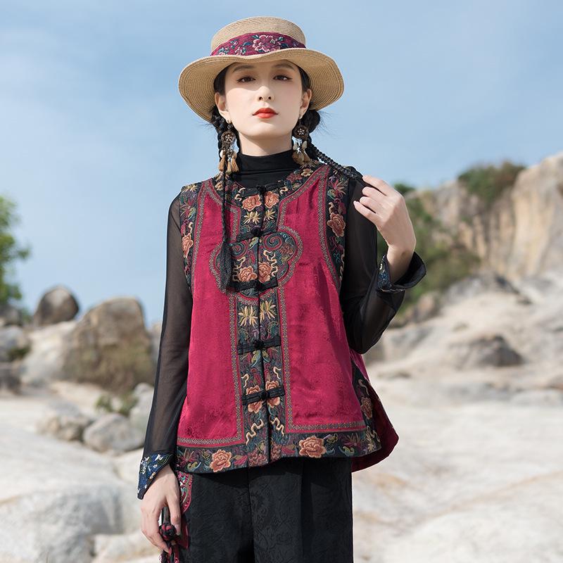 

Женский жилет с ретро-вышивкой: Этнический китайский стиль, круглый вырез, куртка без рукавов с застежкой дуйцзинь пан XXL вино красного