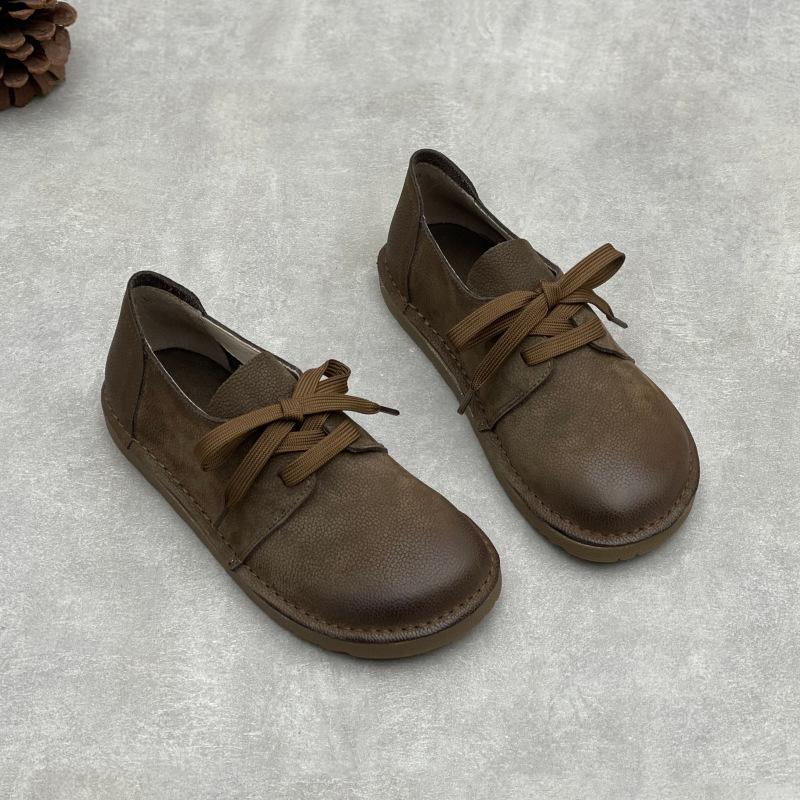 Johnature Casual Genuine Leather Lace-up Flats Round Toe Solid Color Cowhide Versatile Women's Shoes