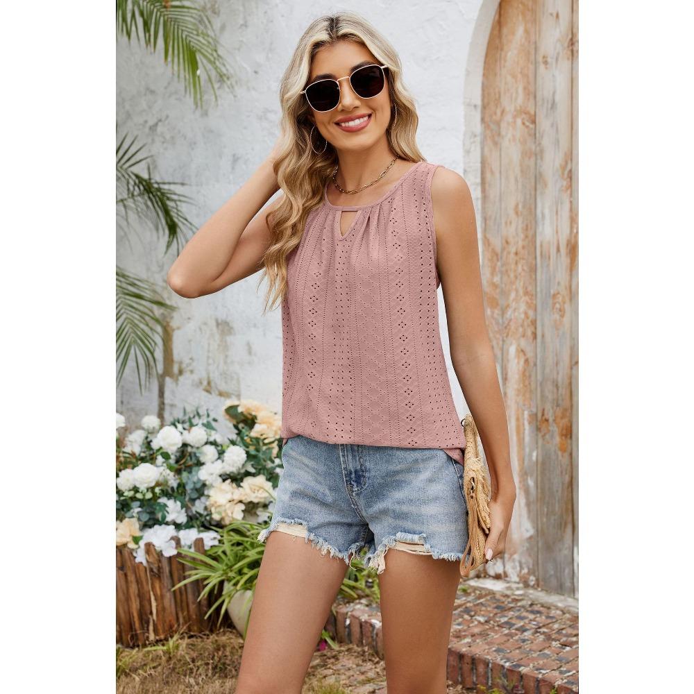 Sommer Neu Mehrfarbig Rundhals Ausgehöhlt Plissiert Weste Ärmellos T-Shirt Top für Damen