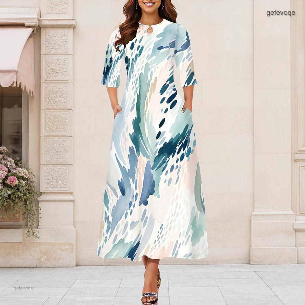 Women Plus Size Round Neck Keyhole 3 4 Sleeve Abstract Floral Gradient Print Maxi Dress