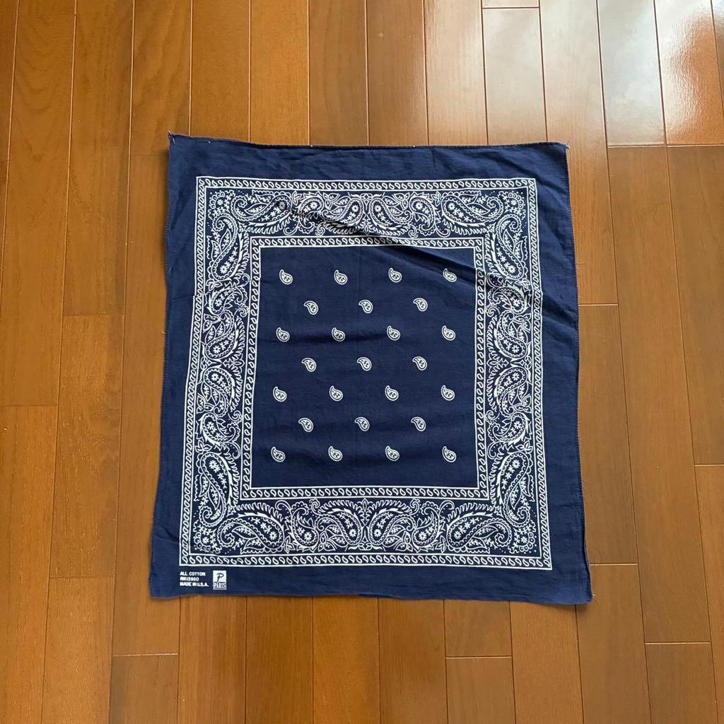Used 70s vintage USA-made paisley pattern bandana PARIS ear vintage scarf navy