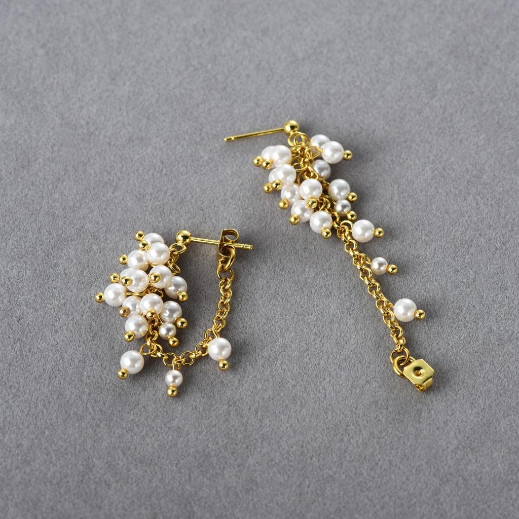 Premium Metal Copper Plated 18K Real Gold Color Matching Pearl Small Tassel Rear Hanging Stud Earrings Personalized Fashion Earrings