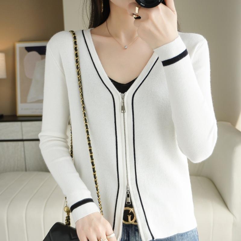 

Early spring new V-neck knitted wool cardigan femininity slim-fit color-matching zipper sweater jacket S