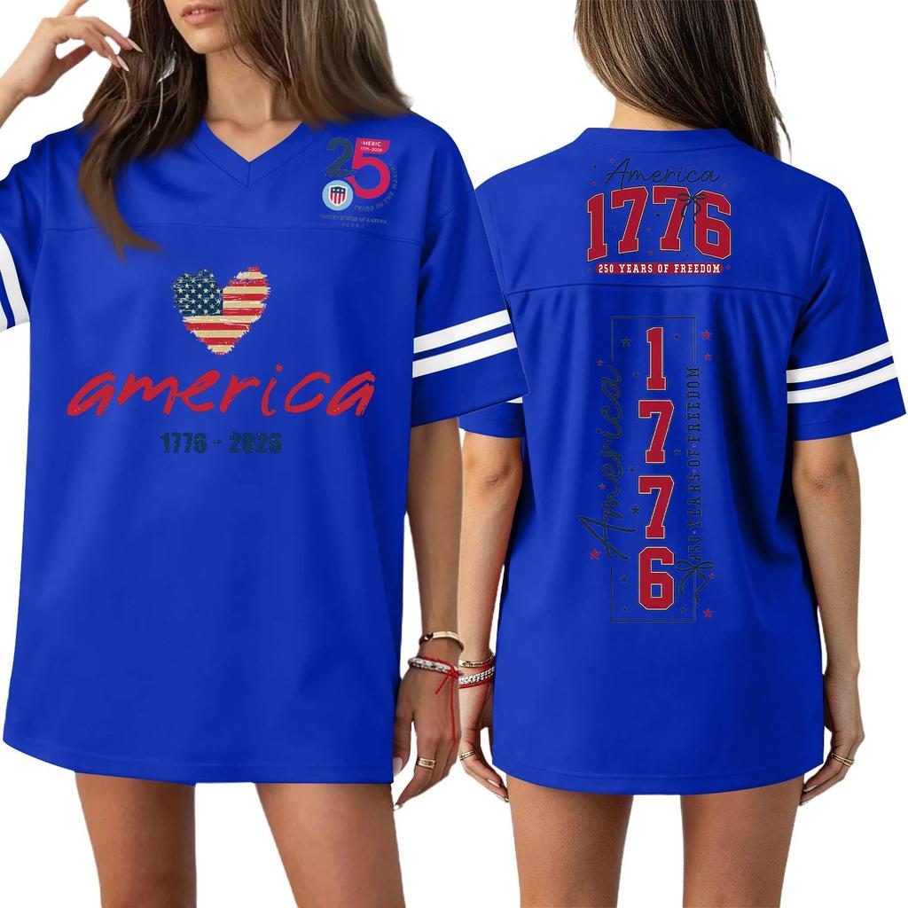 Damska Codzienna Modna Koszulka Sportowa z Dekoltem V z Nadrukiem na Dzień Niepodległości Krótkim Rękawem Top