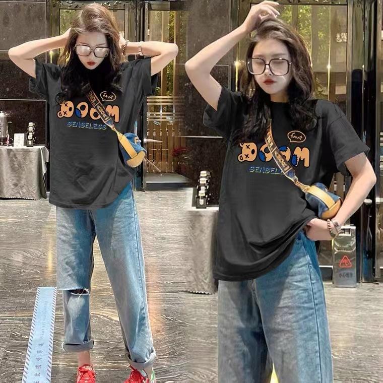 Top 2025 new cotton short-sleeved t-shirt women's summer medium and long round neck loose printed t-shirt ns tide