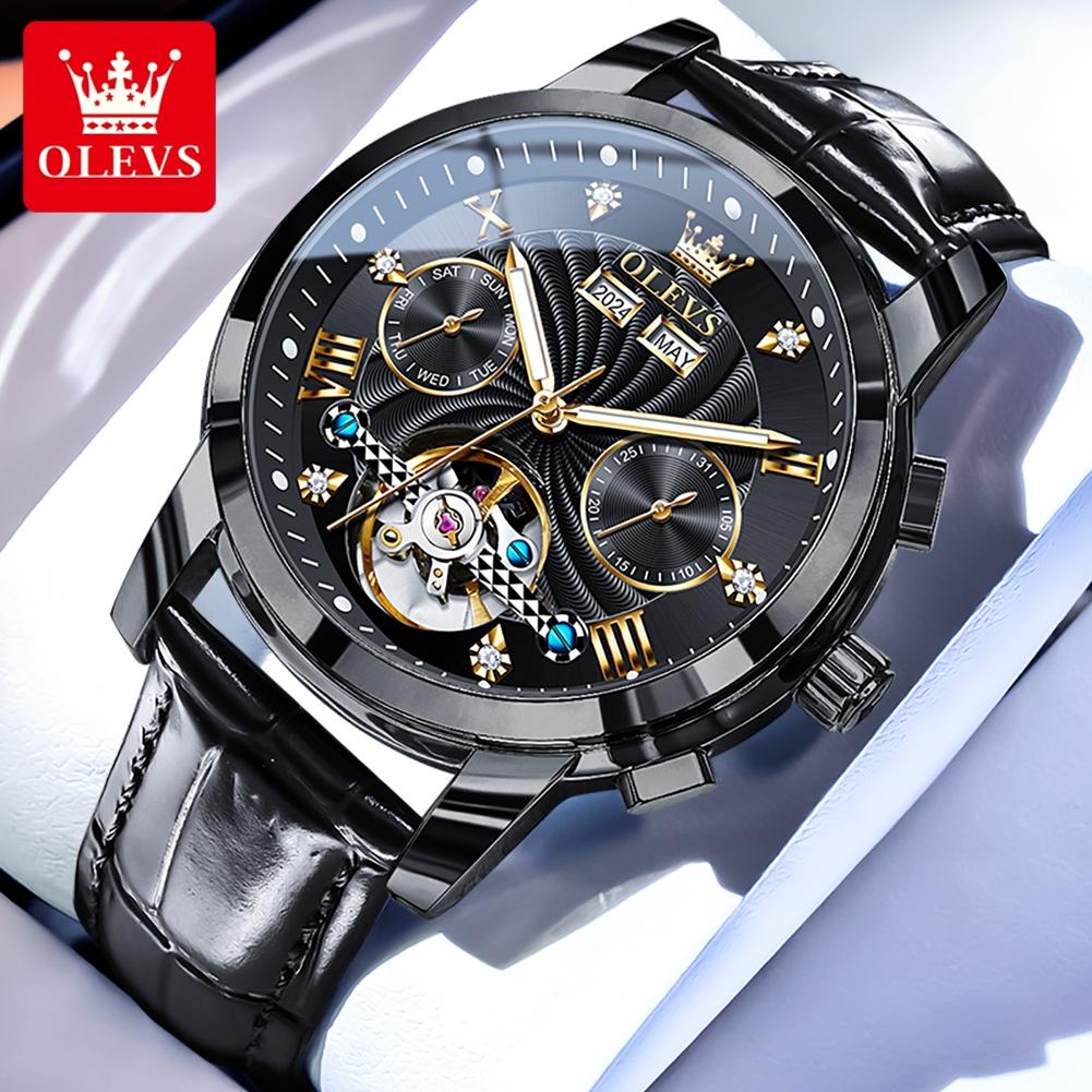 OLEVS Men's Watches Luxury Fashion Fine Steel Original Automatic Mechanical Watch for Man Flywheel Movement Calendar Waterproof