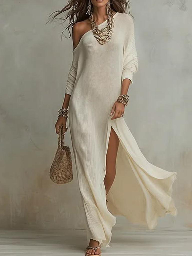 Summer New Elegant Long Sleeve Knit Pleated Ruffle Women's Dress