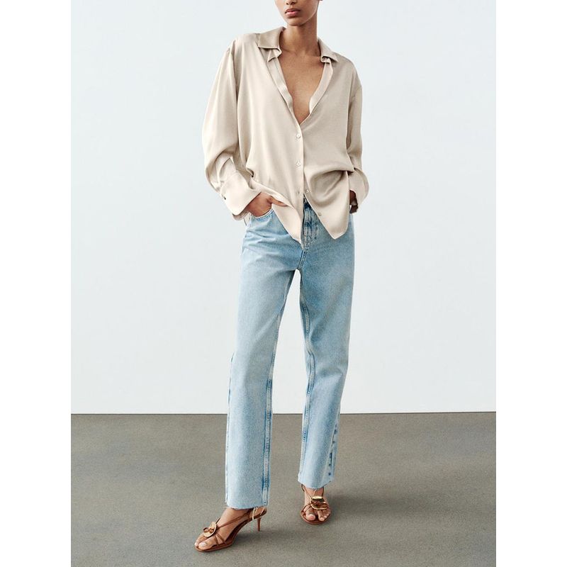 Za2024 Autumn New Women's Clothing Plaid Silk Satin Texture Classic Lapel Long Sleeve Shirt 8958581 250