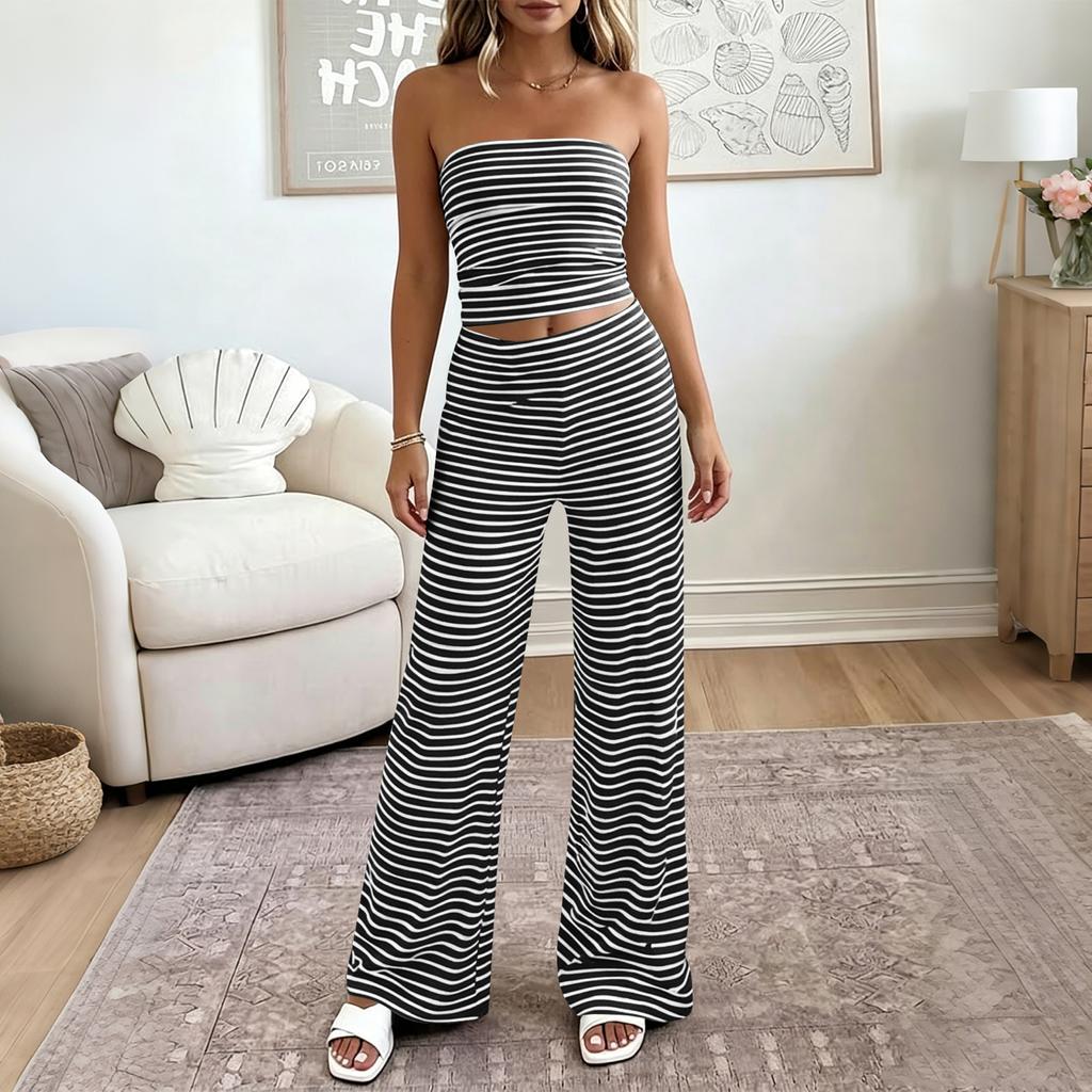 Damen Casual Trägerloses Schlauchtop und Weite Hosen Set Elastischer Bund Zweiteiliges Loungewear Outfit für Urlaub und Zuhause