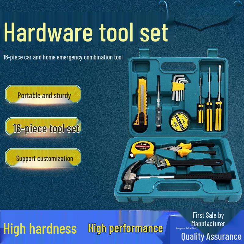 16-Piece Home and Car Repair Tool Set with Hammer & Wrench in Toolbox