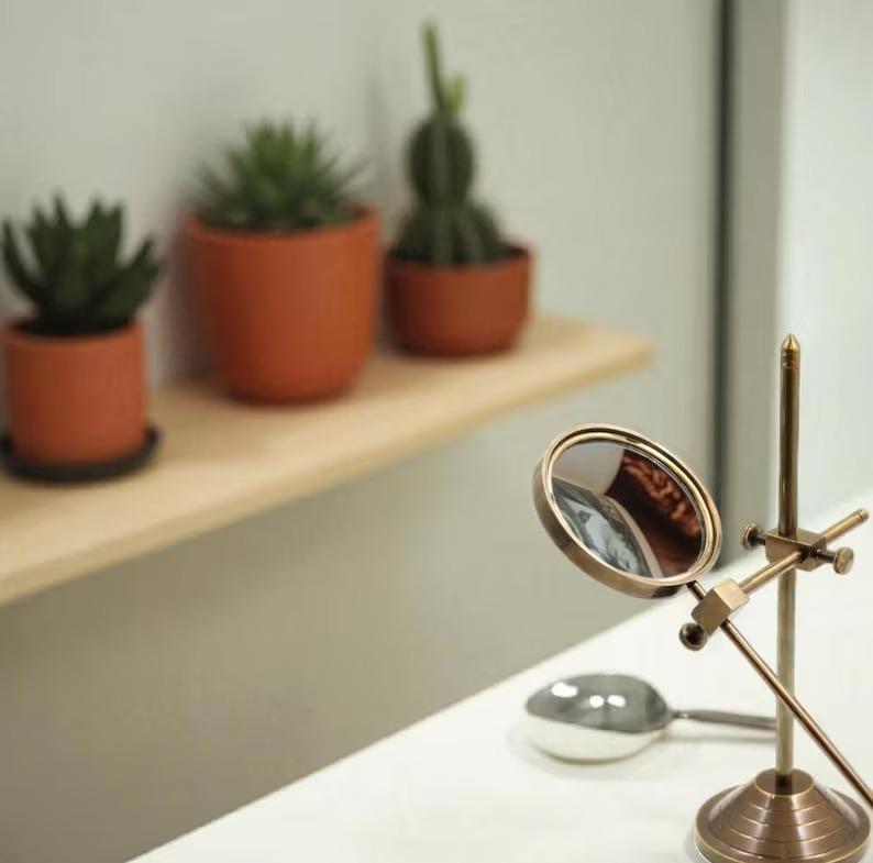 Vintage Brass Magnifying Glass On Stand: Adjustable Desk Magnifier