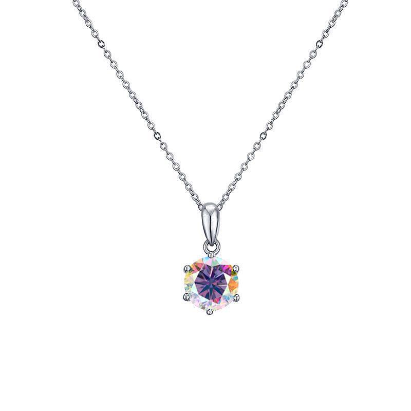 Sterling Silver 925 Moissanite Necklace: Classic Six-Prong European & American Style Women's Colored Diamond Pendant