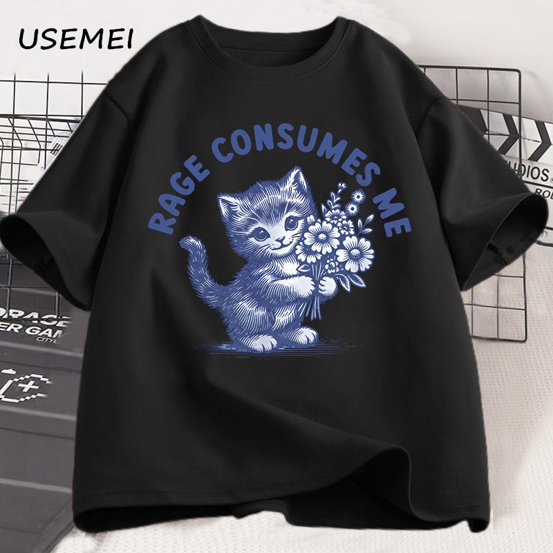 Rage Consumes Me Cat T-shirt Weirdcore Funny Hilarious Kitten Meme Unhinged T Shirt Health Dark Humor Tshirt Men's Clothes