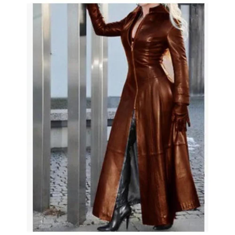 Winter Women's Fashion Cyberpunk Leather Long Jacket Casual Loose Button Solid Color Coats Lapel Biker Jacket